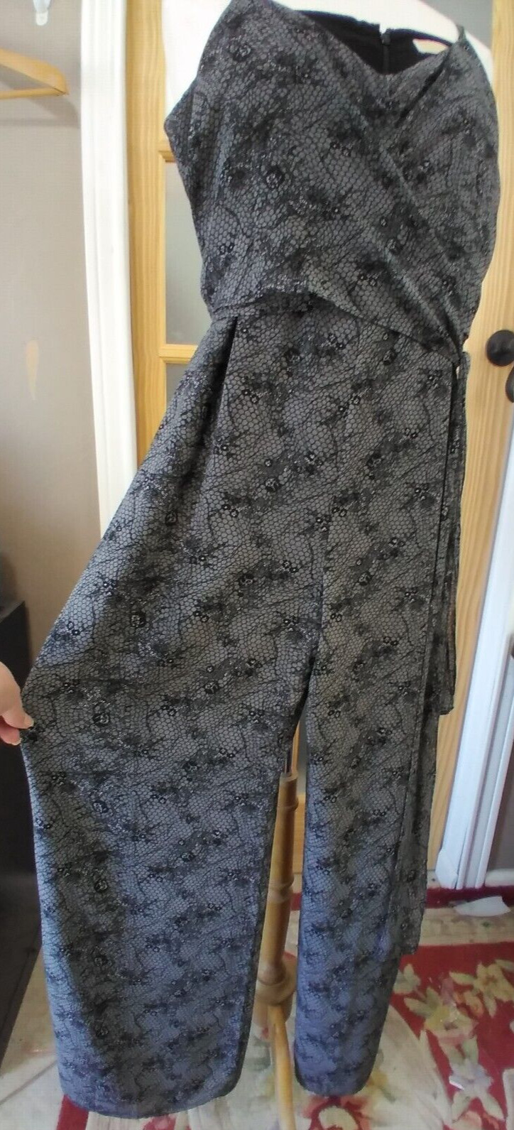 Jumpsuit Michael Kors Black Lace Floral Print Chris Cross Tie Waist Sz XL Lined
