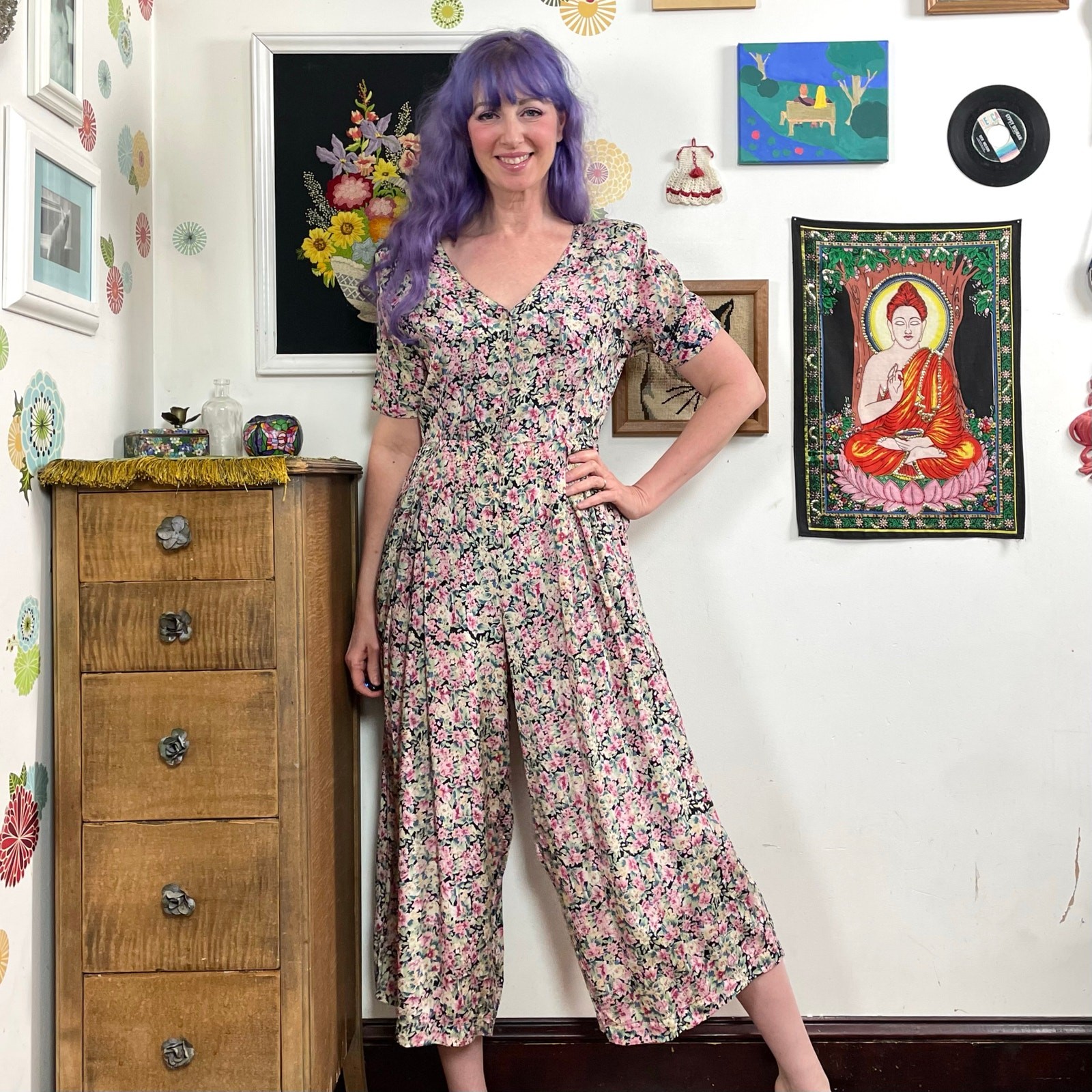 Vintage Nostalgia Wide Leg Jumpsuit, 1990s Floral Rayon Palazzo One Piece Sz M
