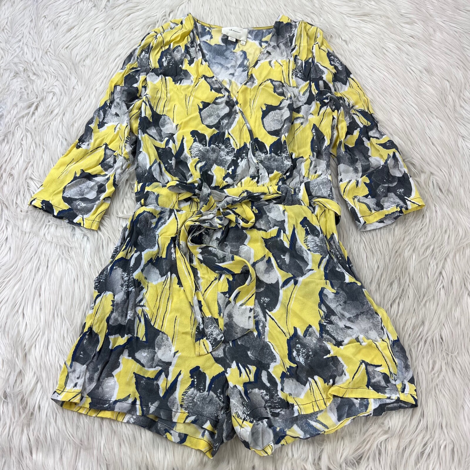 Elevenses Women’s S Yellow Black White Floral Somerset Romper Surplus Neckline T