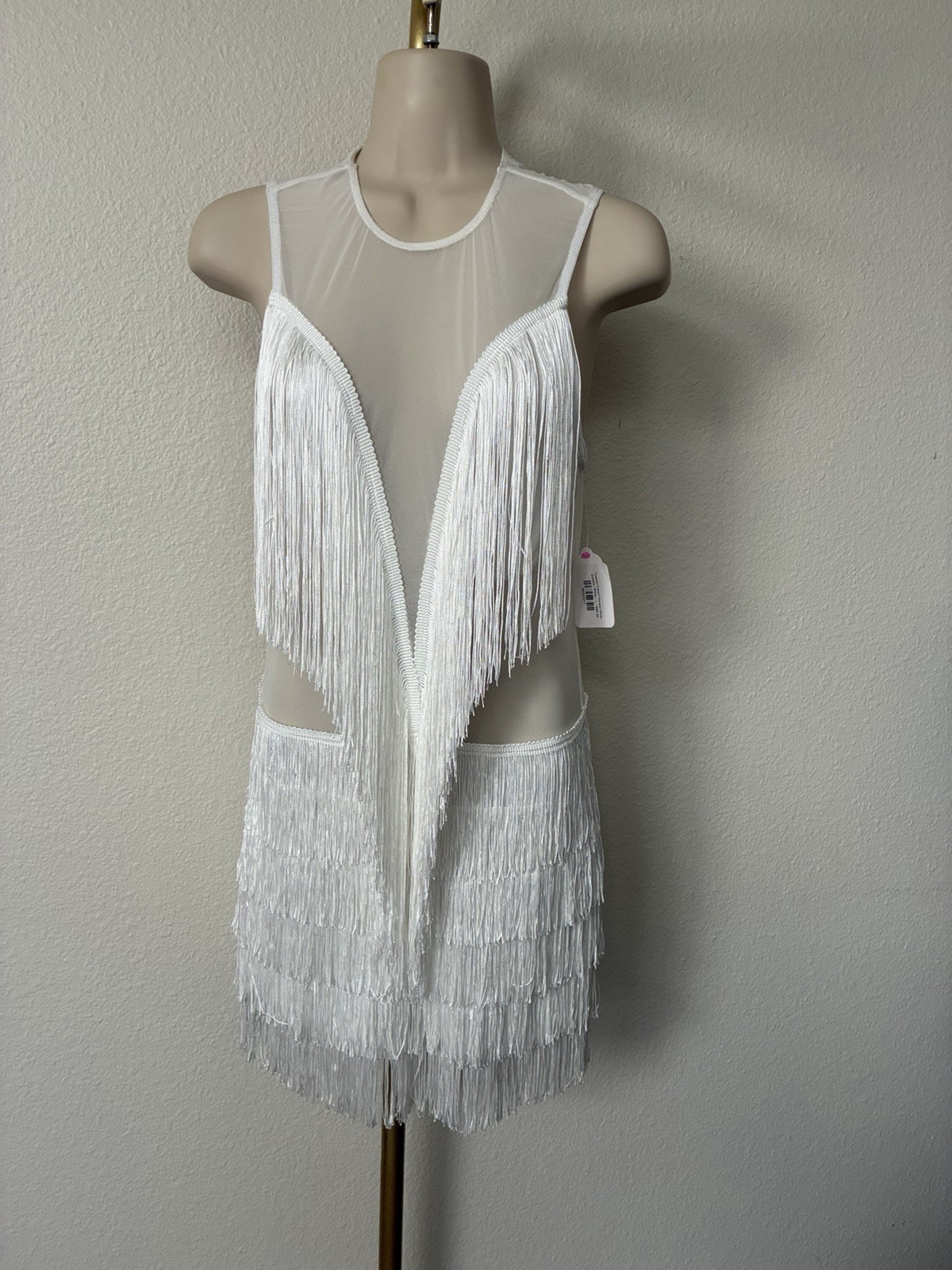 NWT White Fringe Mesh Jumpsuit Romper, Size Large