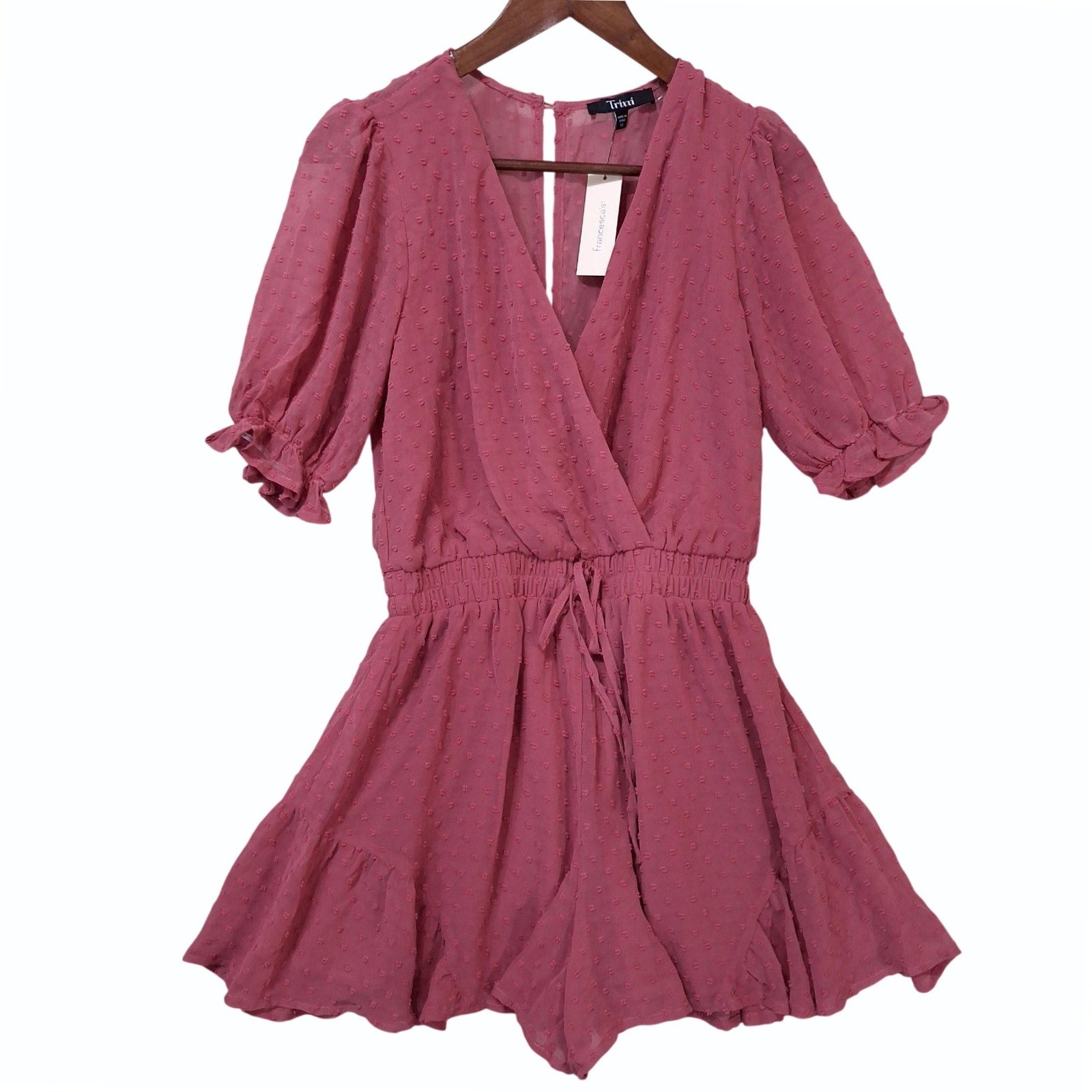 Trixxi Francesca’s Clip Dot Ruffle Romper Sz M Surplice Sheer Mauve Babydoll NWT