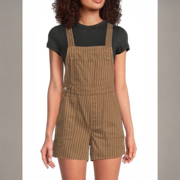 NWT WEWOREWHAT Denim Shortalls in Brown Pinstripe, XXS. ($99)