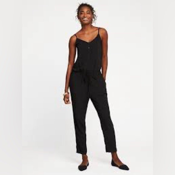 Old Navy Black Cami Tank JumpSuit Black Size XL Elastic Waist Tie Tapered Pocket