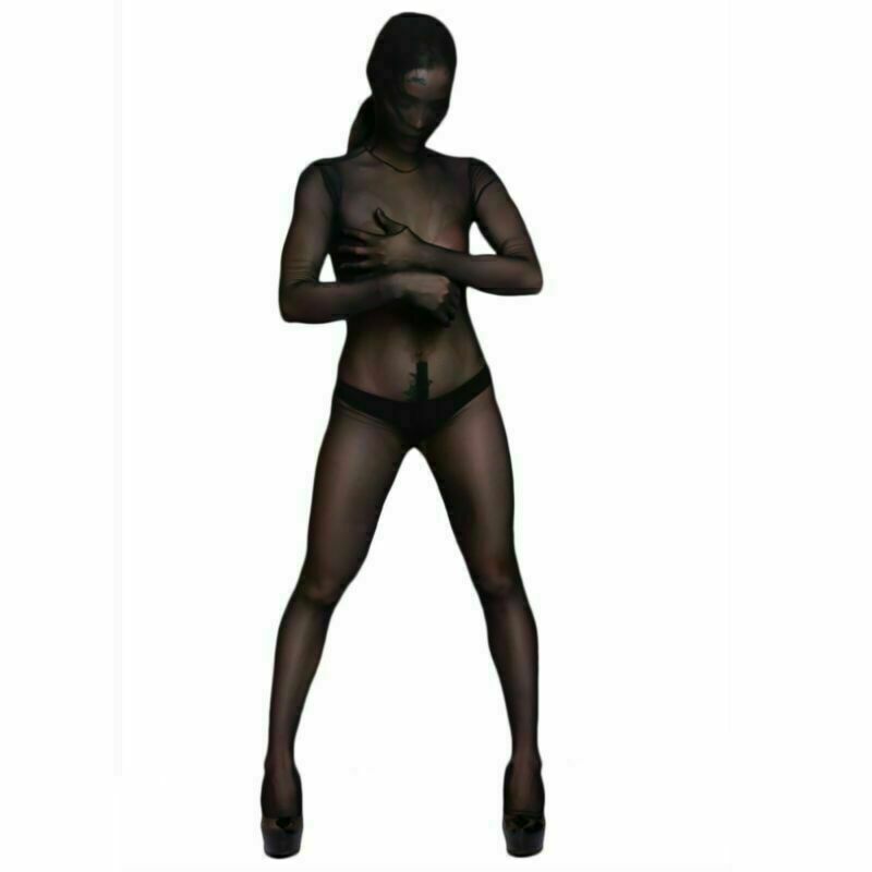 2-Way Zipper Sheer Full Bodystocking Catsuit Mask Hood Zentai Bodysuit Jumpsuit