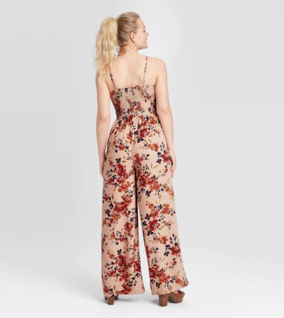 NWT. Xhiliration Blush Flowered Open Wide Leg Jumpsuit With Spaghetti Straps M