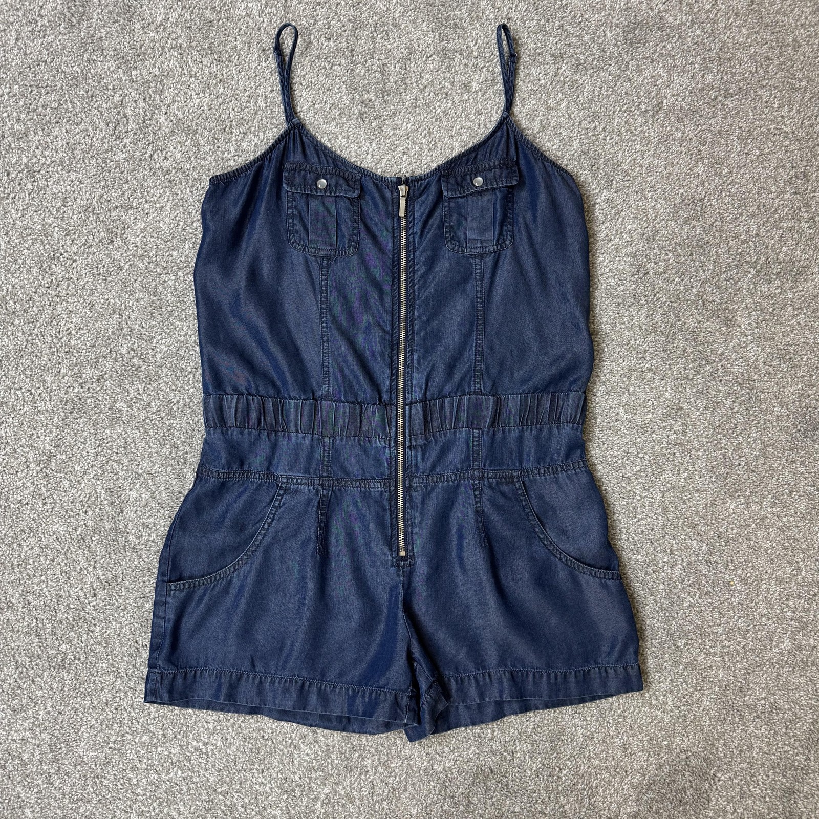 Bebe Romper Womens Medium Blue Chambray Zip Front Pockets Summer Grunge Y2K Vibe