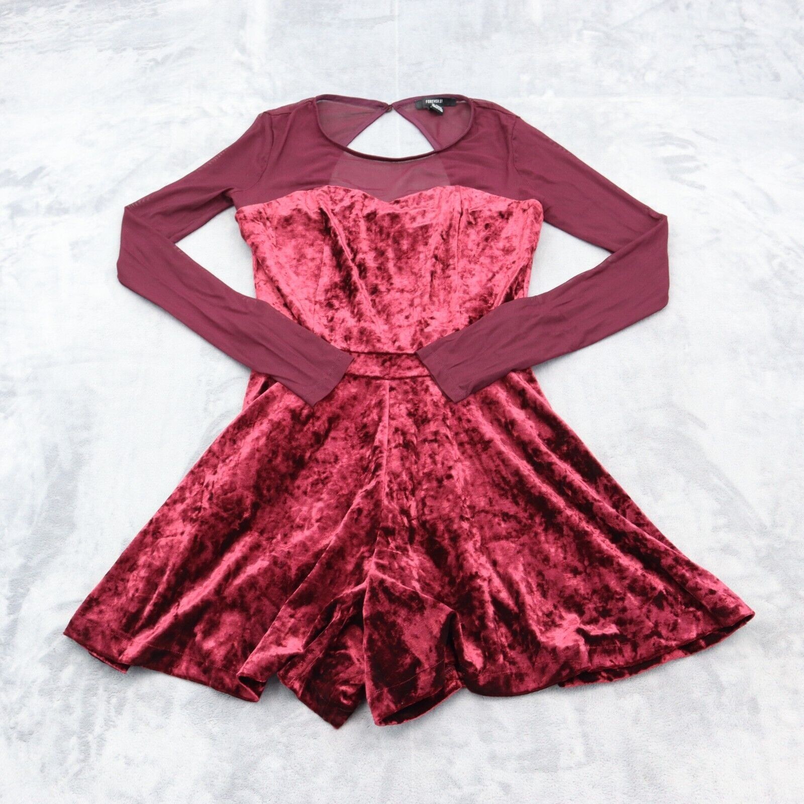 Forever 21 Romper Womens S Red Velvet Mesh Long Fitted Sleeve One Piece