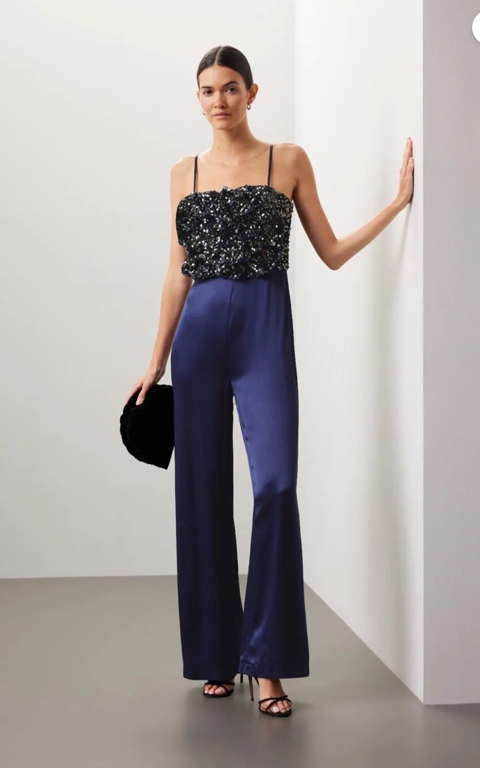 Badgley Mischka deep blue sequin rose front top pant jumpsuit size 6 Cocktail