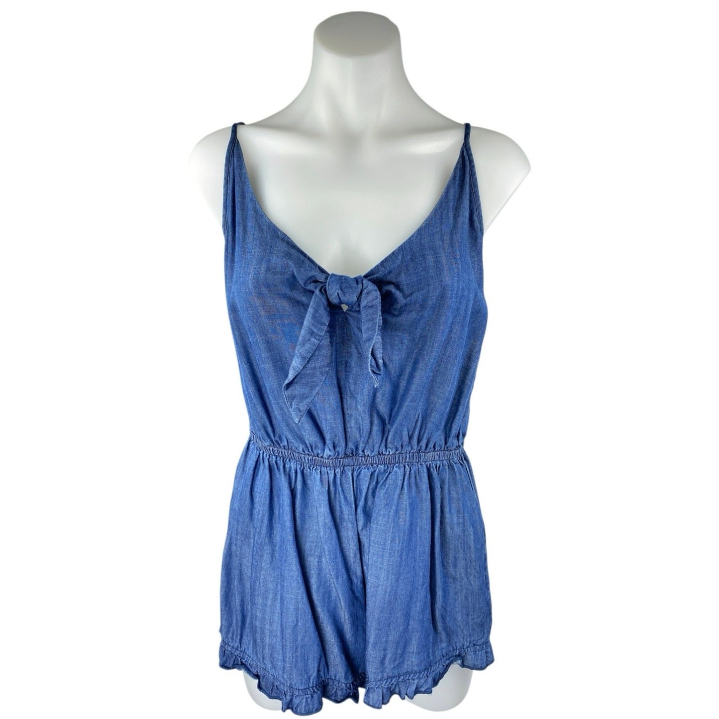 Mossimo Blue Sleeveless Tie Knit Ruffle Chambray Cami Tank Romper Shorts Size S