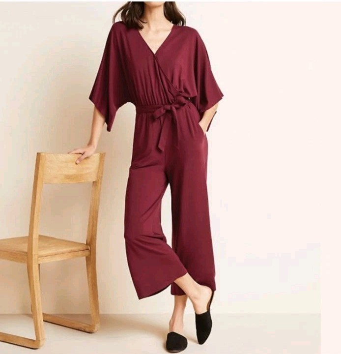 Garnet Hill Womens Sz L Maroon Stretch Tencel Kimono Sleeve Knit Jumpsuit Belted