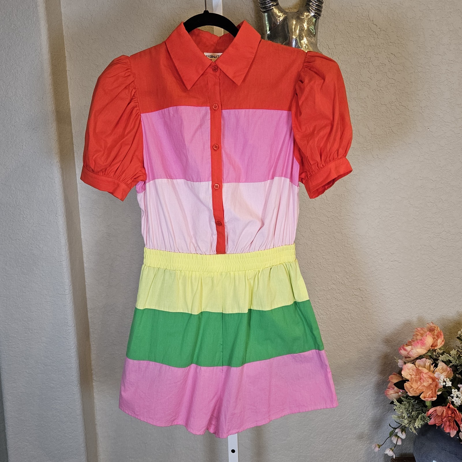 MainStrip Rainbow Colorblock Button-Down Romper NWT Size M Puff Sleeve