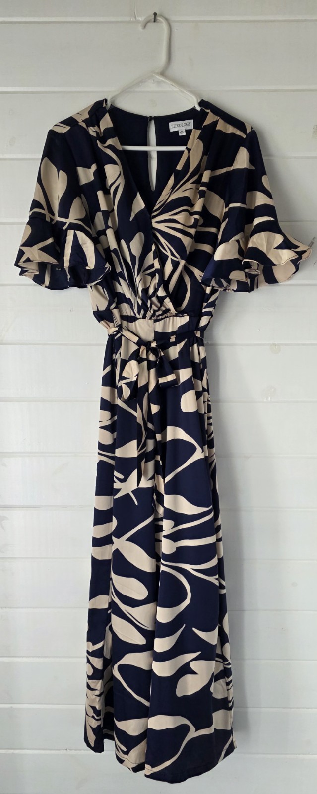 Luxology Navy/White Short Sleeve Abstract Print Jumpsuit w/Tie & Pockets Size M