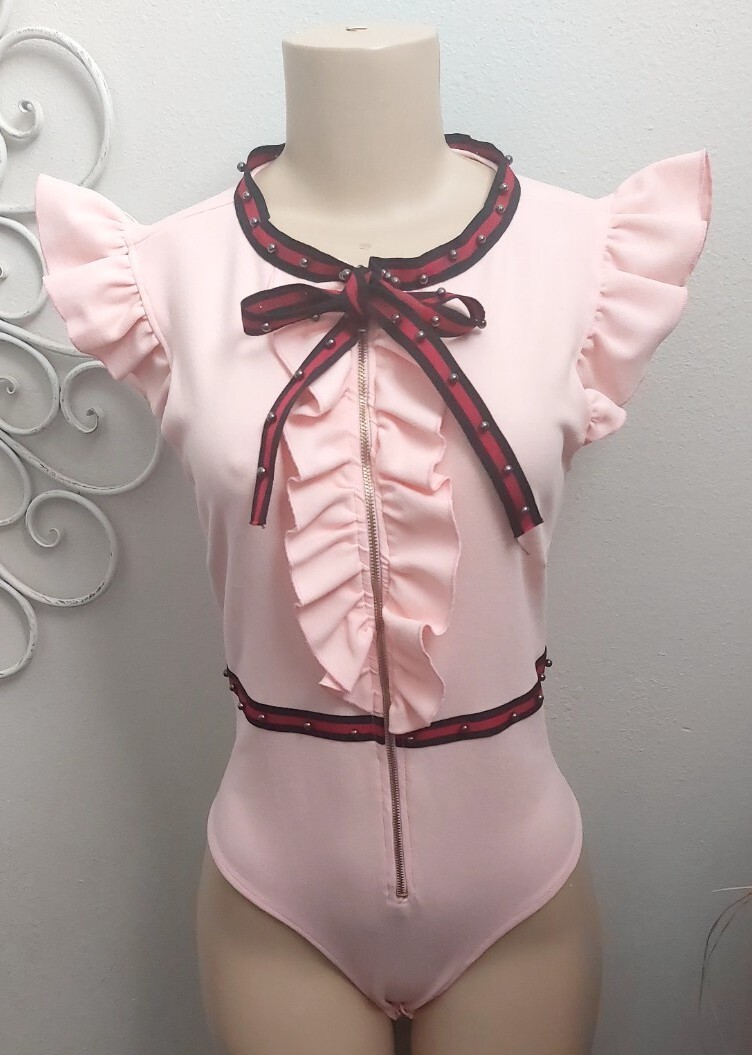 Women’s Med Pink Ruffled Bodysuit Full Snap Bottom Zip Front Shadows Collection