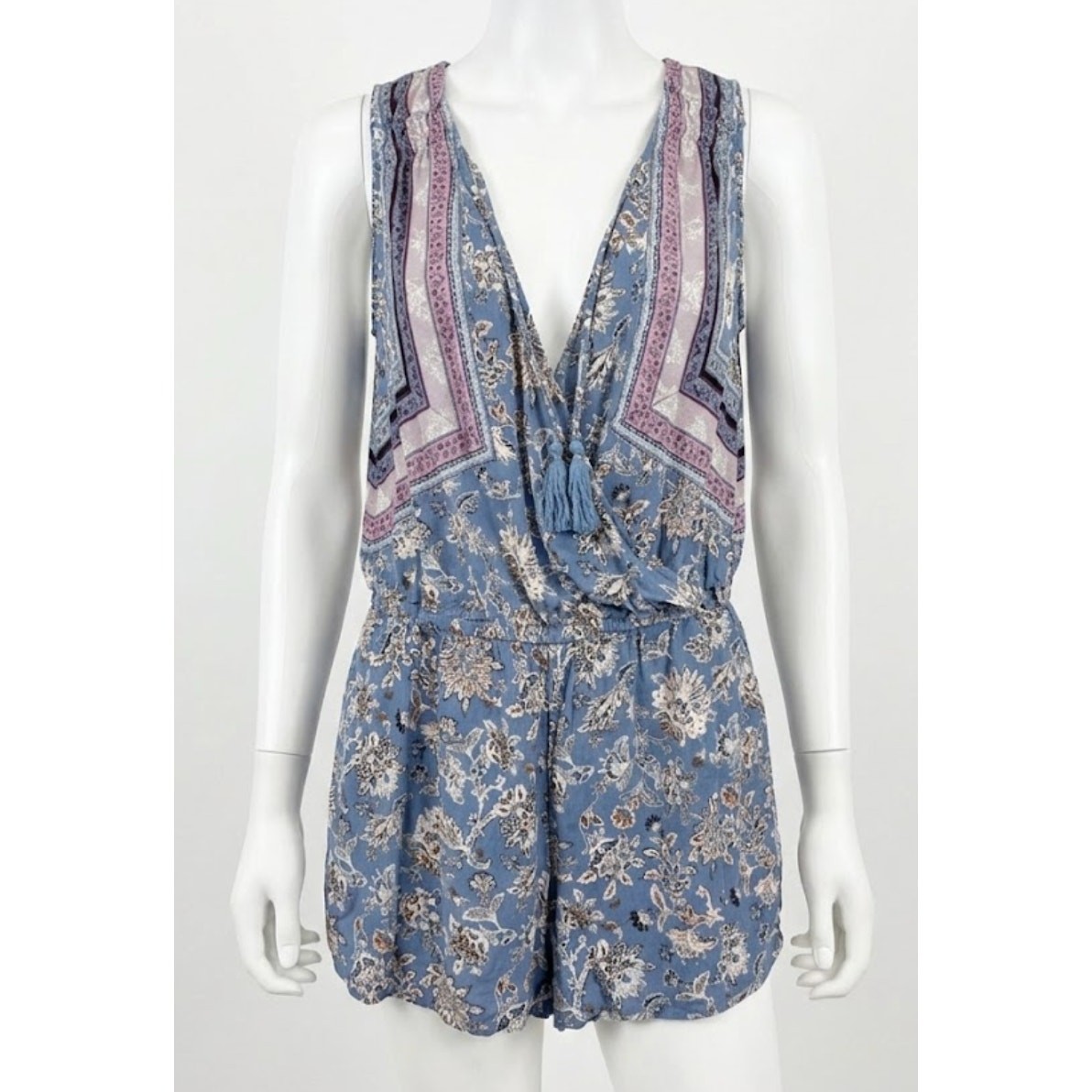 American Eagle Romper XL Blue Pink Floral Surplice V Neck Boho Chic Festival