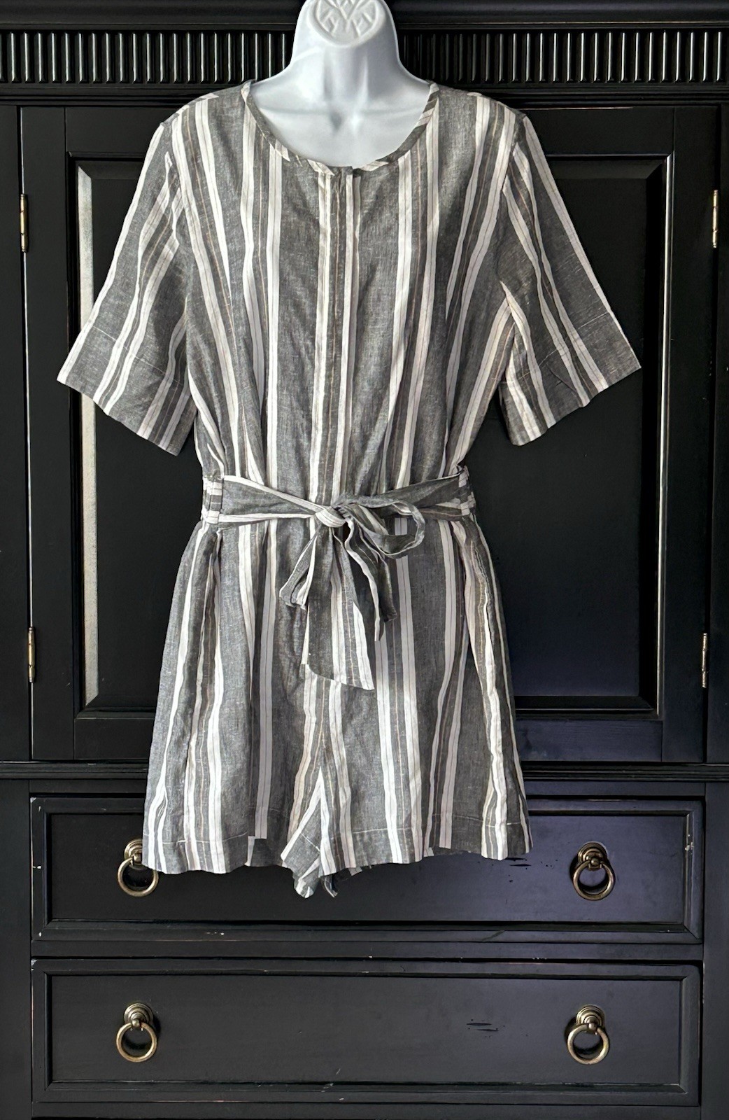 Banana Republic Cotton Linen Blend Grey White Tan Striped Belted Romper Size 14