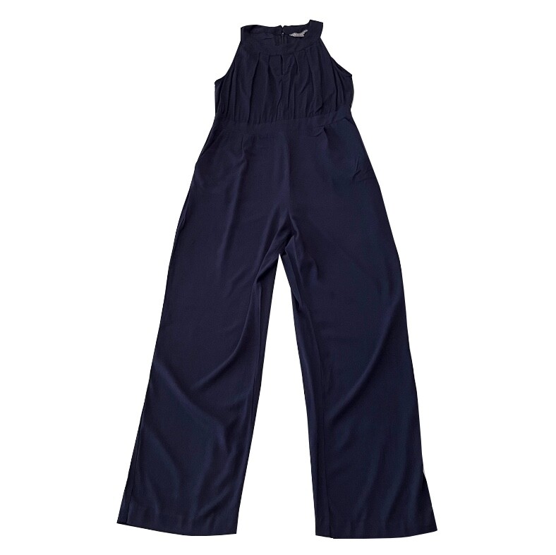 Womens Sharagano Size 8 Navy Sleeveless Jumpsuit Rayon Pockets