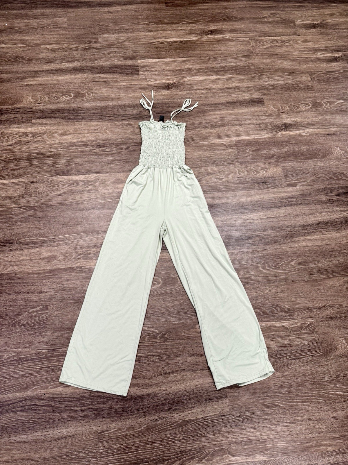 C-Mode Smocked Jumpsuit Womens L Sage Green Wide Leg Tie Strap Casual Boho