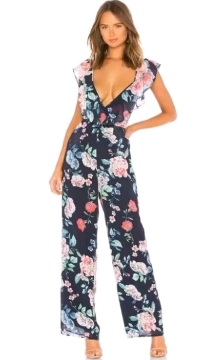 Yumi Kim Jumpsuit Womens Medium Navy Blue Floral Sunny Days Take Me Back Halter