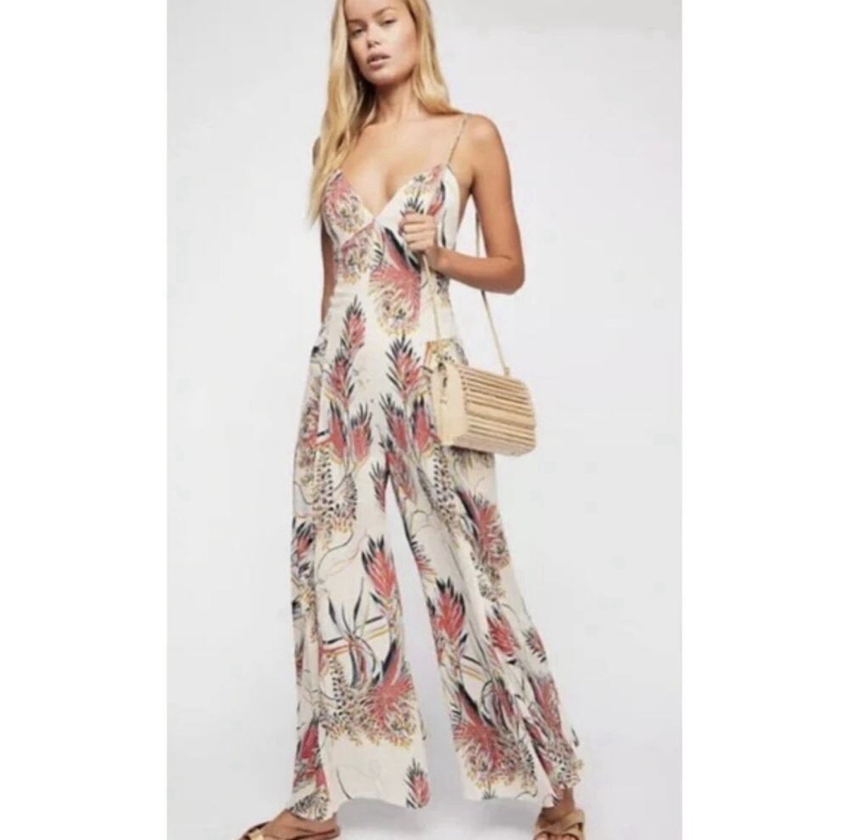 Free People Alissa Tropical Print Wide Leg Racerback Jumpsuit Size 10 Resortwear
