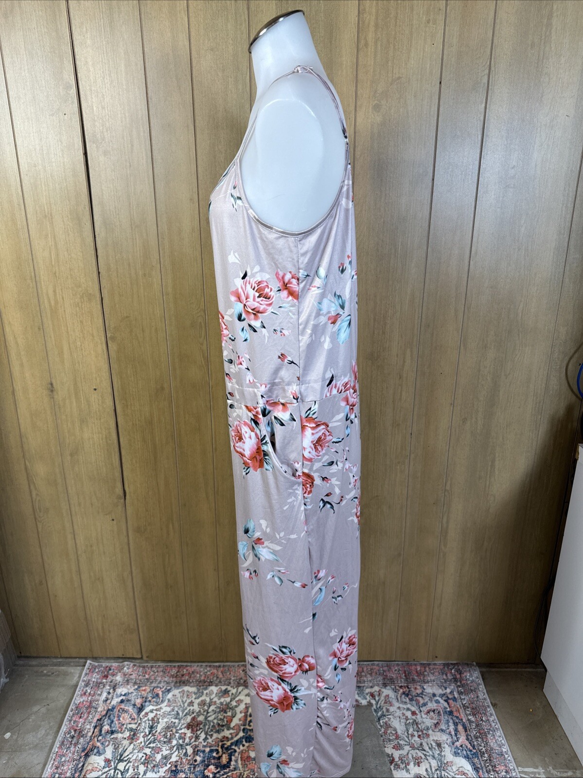 Floral Loungewear Jumpsuit Pockets Adjustable Straps beige pink