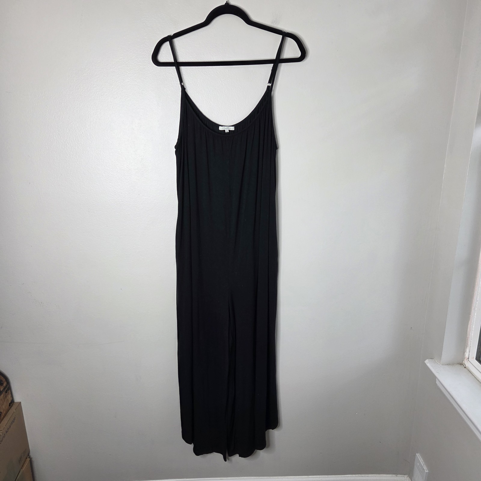 Z Supply L Black Adjustable Straps 2-Pocket Wide Curved Leg Jumpsuit
