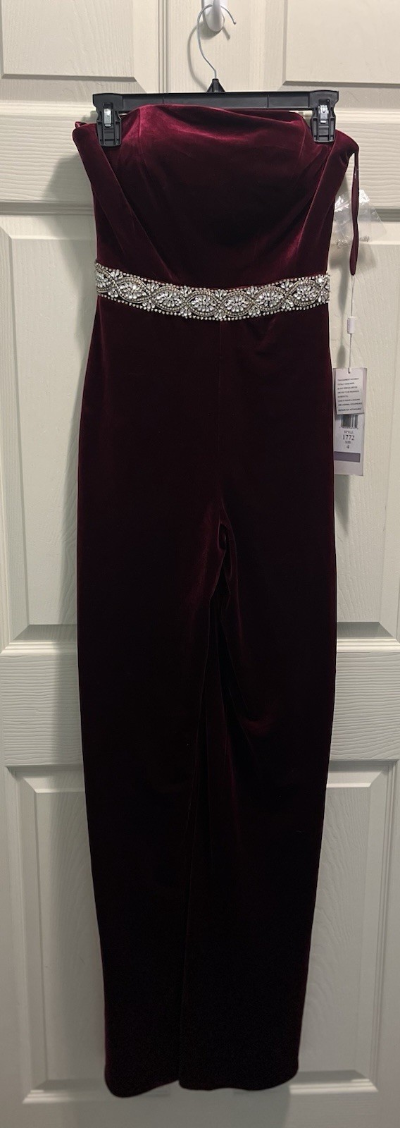 Colors Dress Women’s Burgundy Velvet Strapless Beaded Jumpsuit Formal 4