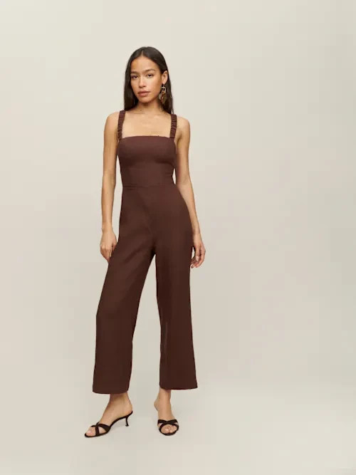 NEW WITH TAGS: Reformation Harlow Brown Linen Backless Wide Leg Jumpsuit size 6