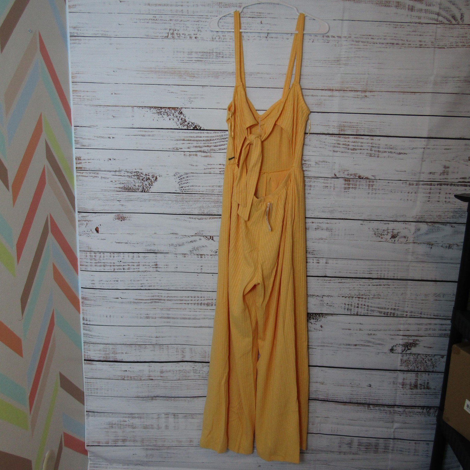 Roxy Jumpsuit Womens XL Yellow Skyline Views Wide Leg Strappy Tie Back Ribbed