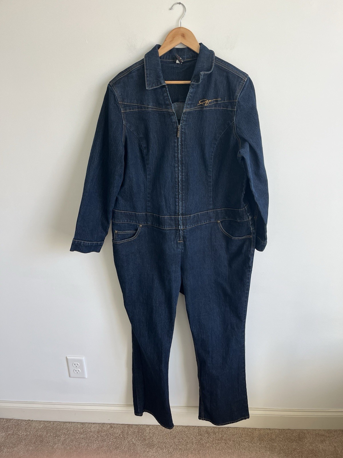 Vtg FUBU 90s Y2K Denim Jumpsuit Coveralls Womens 20W Blue Zip Up Pockets Plus