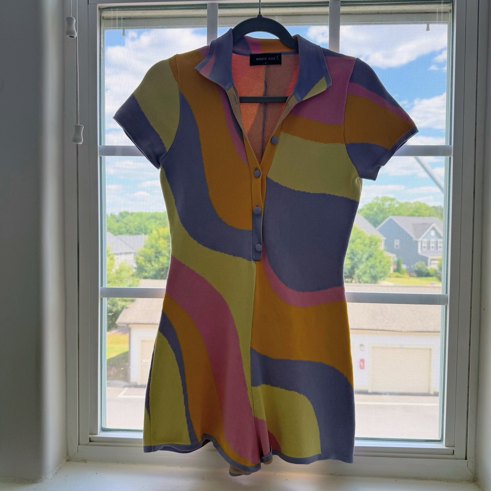 White Fox Romper M Knit Pastel Abstract Retro Mod Festival Button Front Y2K EUC