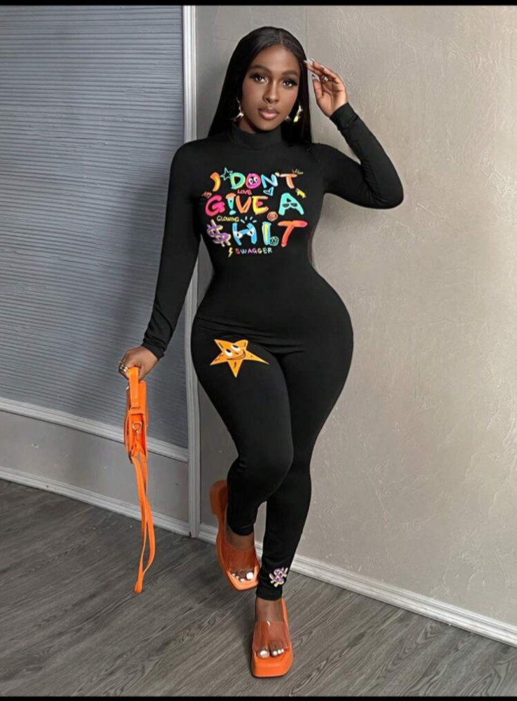 Black Lettered Mock Neck Long Sleeve Skinny Leg Jumpsuit M