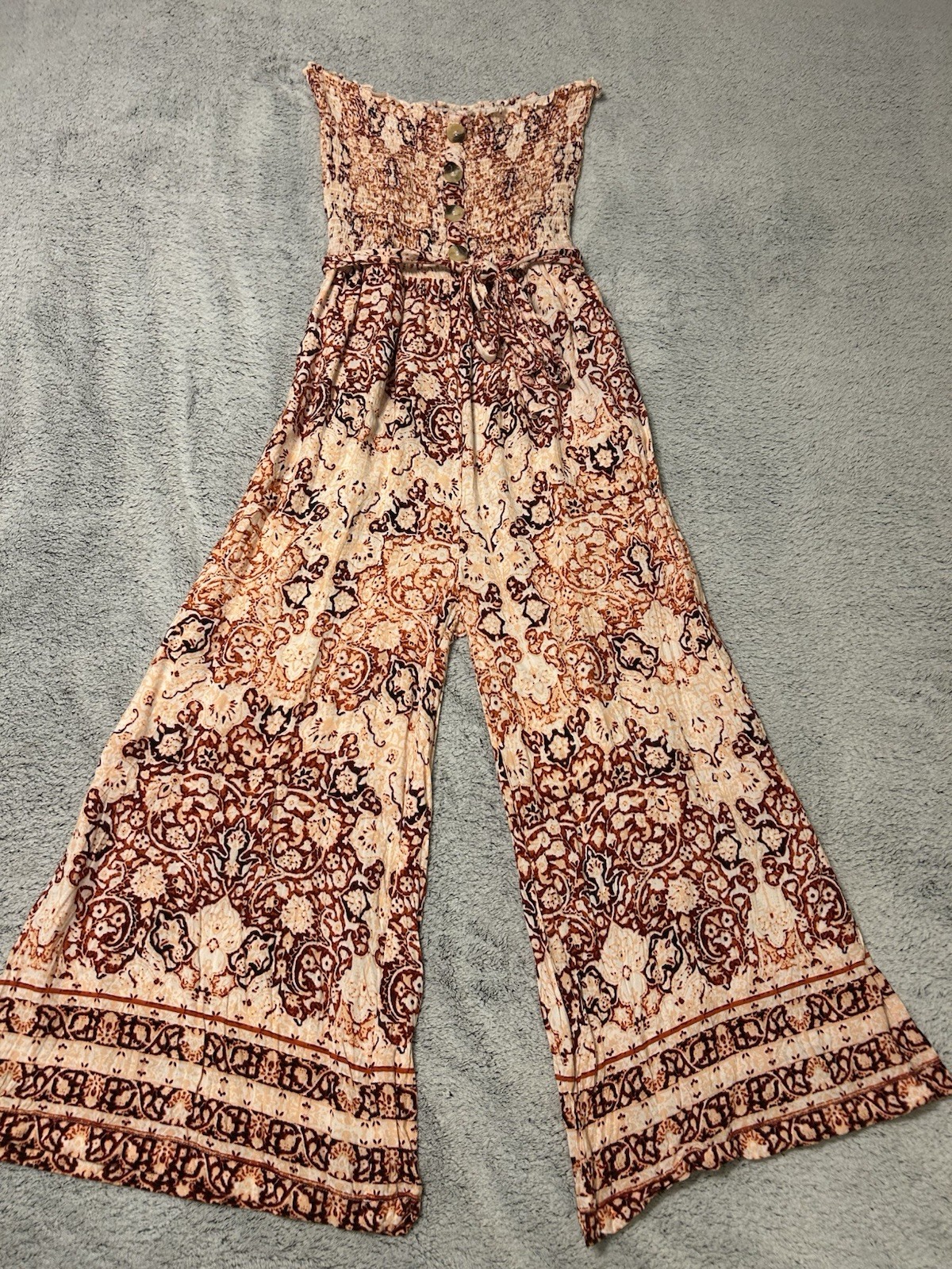 Blue Island Women’s Strapless Smocked-Top Wide-Leg Jumpsuit Brown/Cream Size M