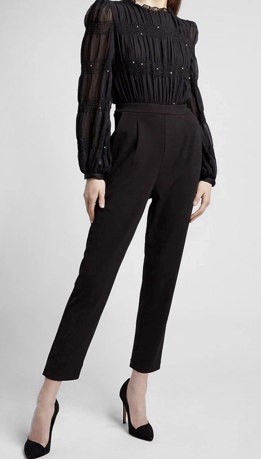 EXPRESS Ruched Sequin Jumpsuit Romper XL Black Smocked Long Sleeve Pleats