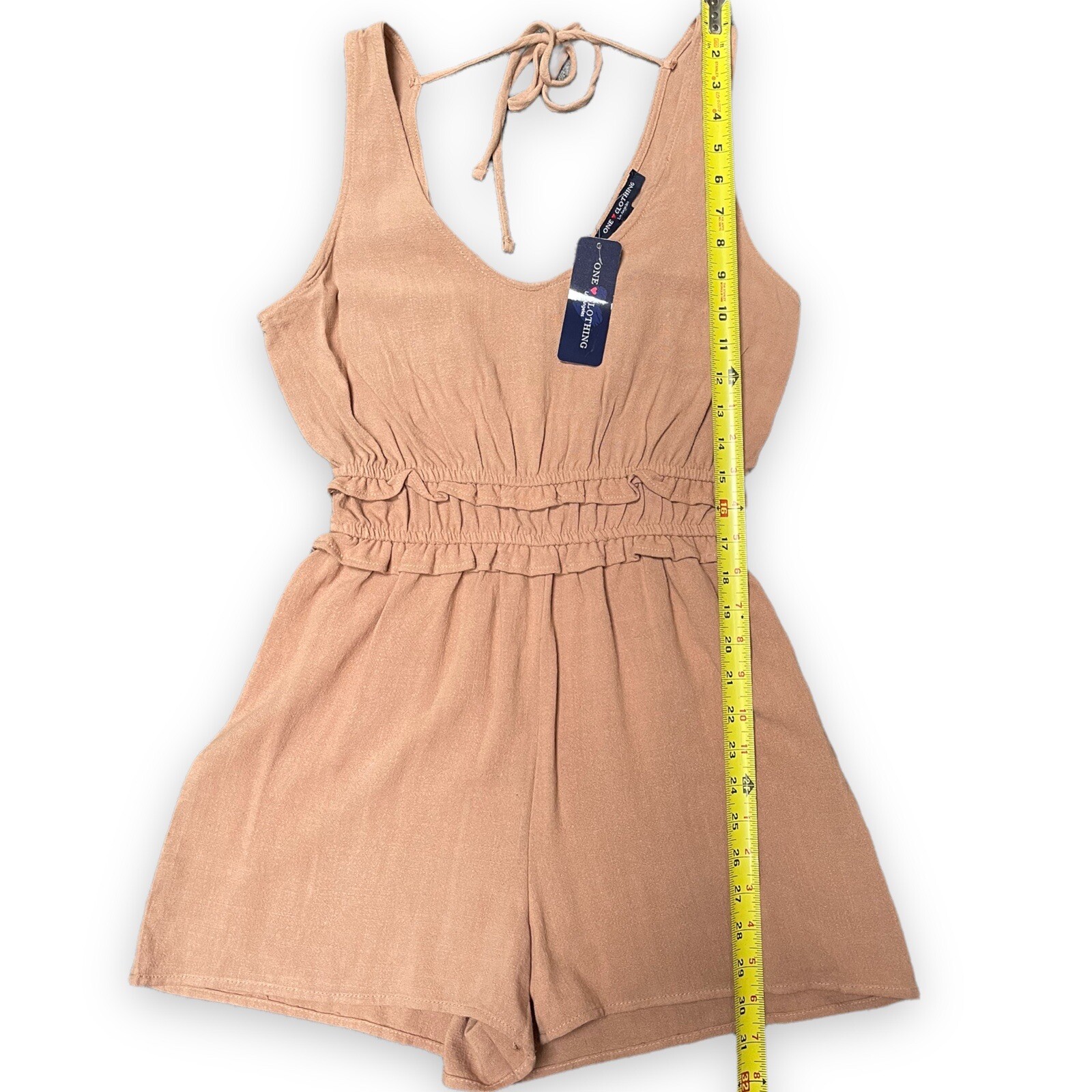 One Clothing Peach Romper Elastic Waist Linen Rayon Tie Back Shorts Size Small