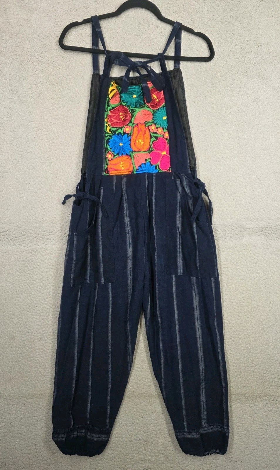 Guatemalan Ikat Floral Embroidery Striped Jumpsuit Size Small Overalls