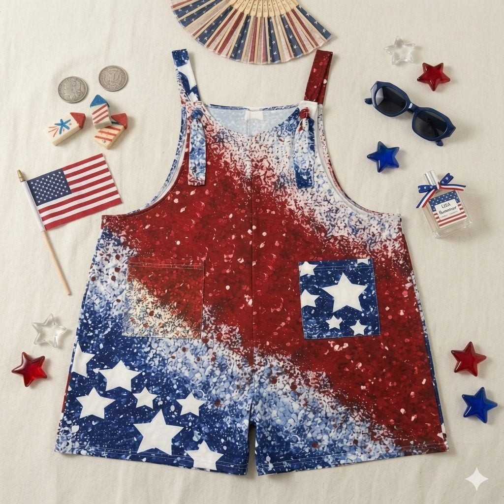 Women’ Plus Size 2XL American Patriotic Flag Overall Shorts Romper with Pockets