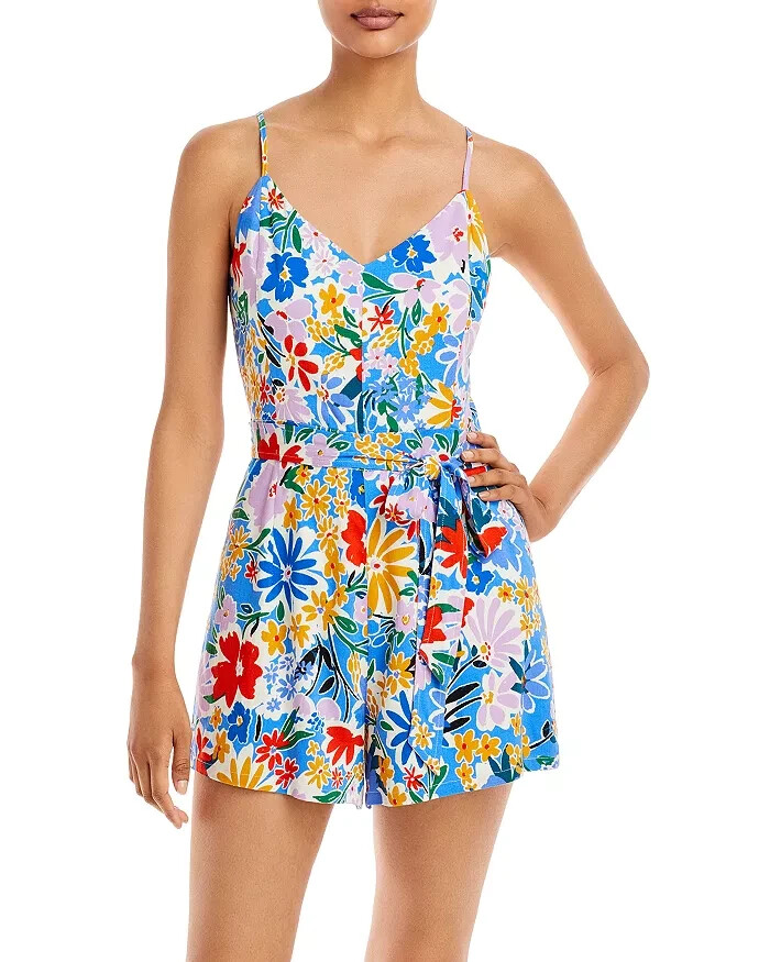 Aqua L58822 Womens Multi Floral Ojai Sleeveless Belted Romper Size XS