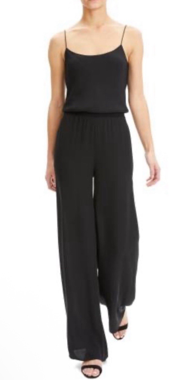 Theory Black Spaghetti Strap Wide Leg Elastic Waist Pockets Silk Jumpsuit Sz P