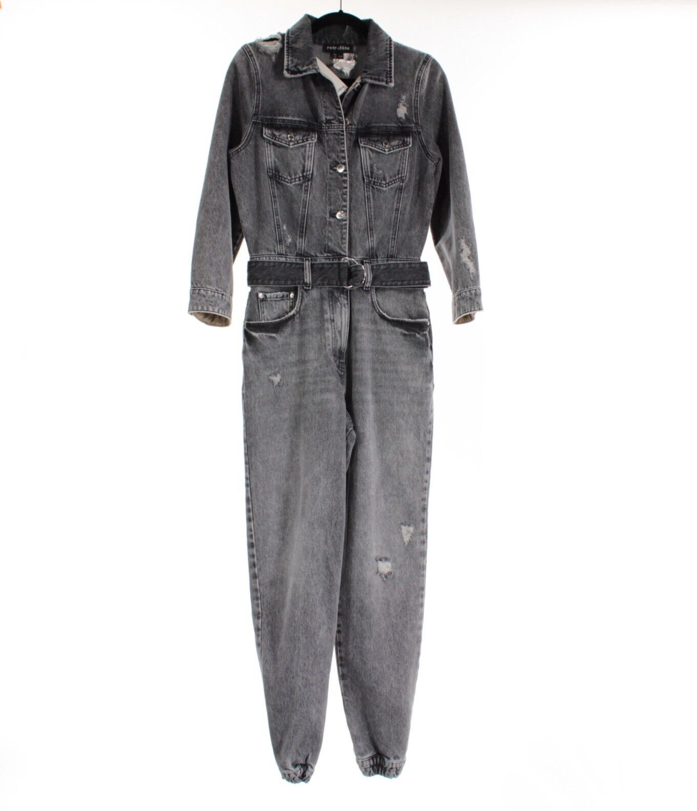 Retrofete NWT Renee Faded Distressed Jumpsuit Size 27 in Gray Denim 100% Cotton