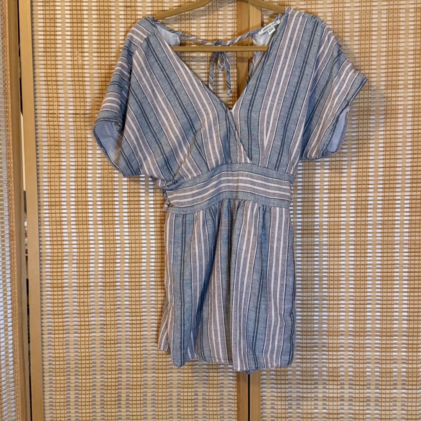 American Eagle Striped Linen Blend Romper Blue White Red V-Neck Smocked Waist M