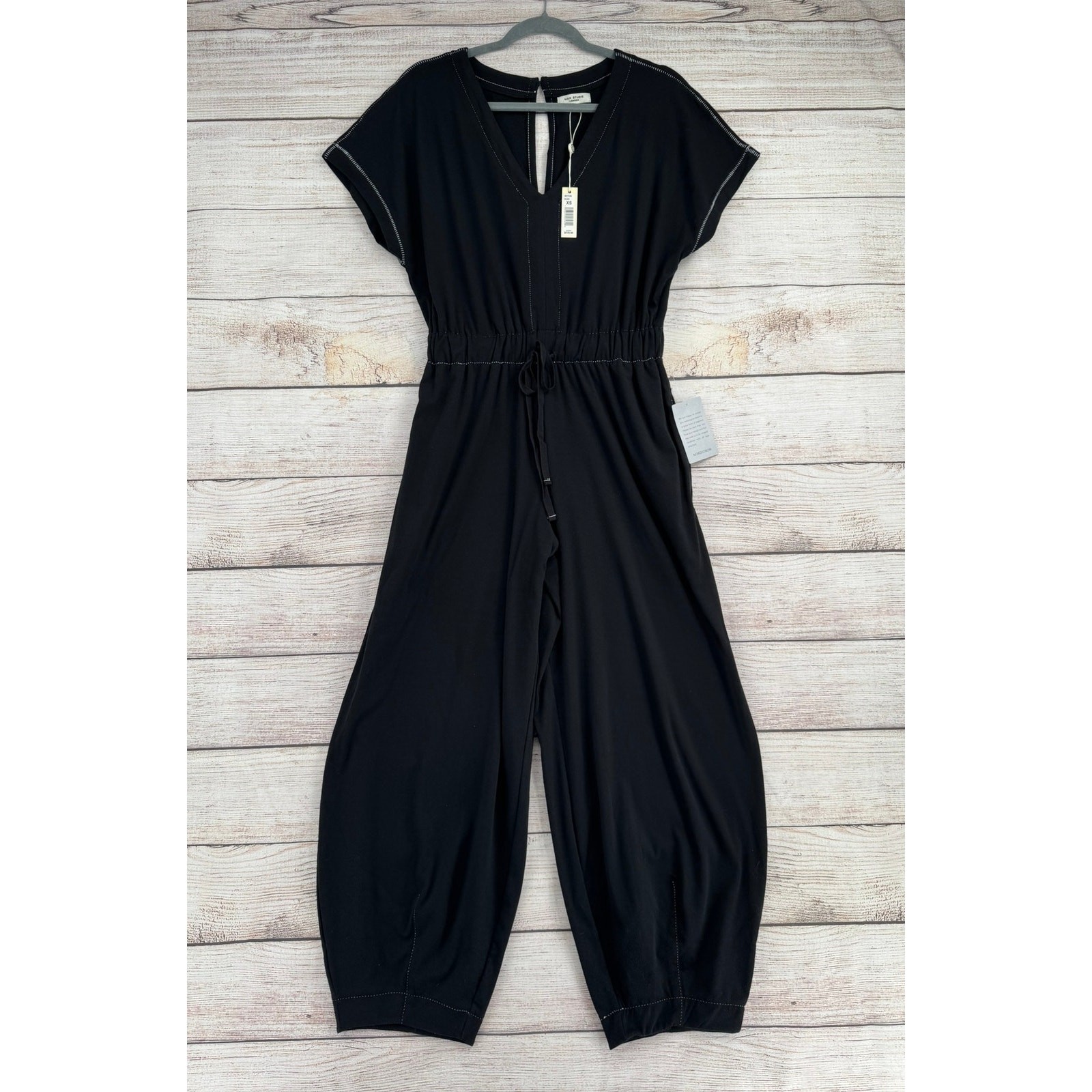 Max Studio London V-Neck Straight Leg Jumpsuit Womens XS Black NEW