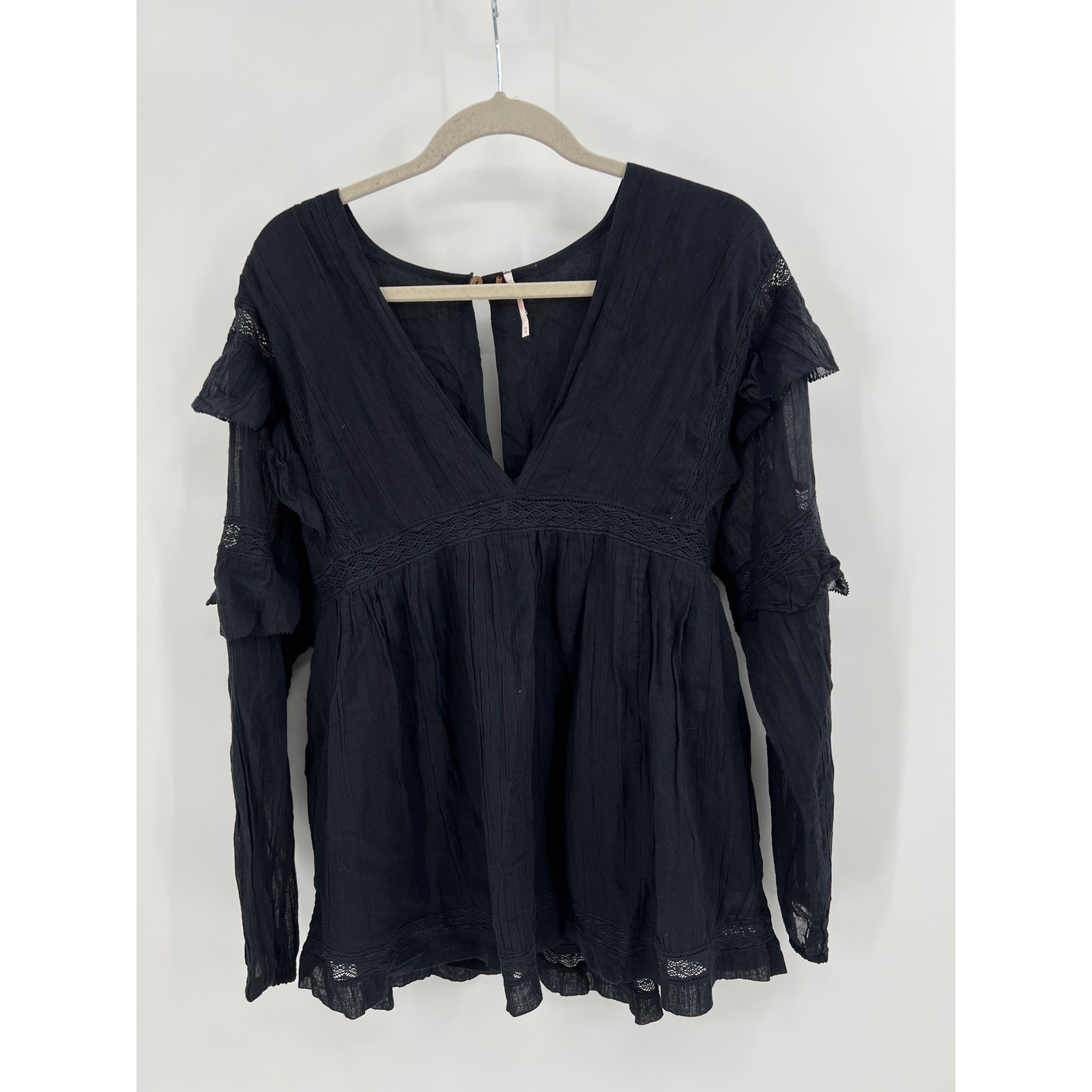 Free People Black Lace Ruffle Gauze Boho Babydoll Romper Witchy Festival XS
