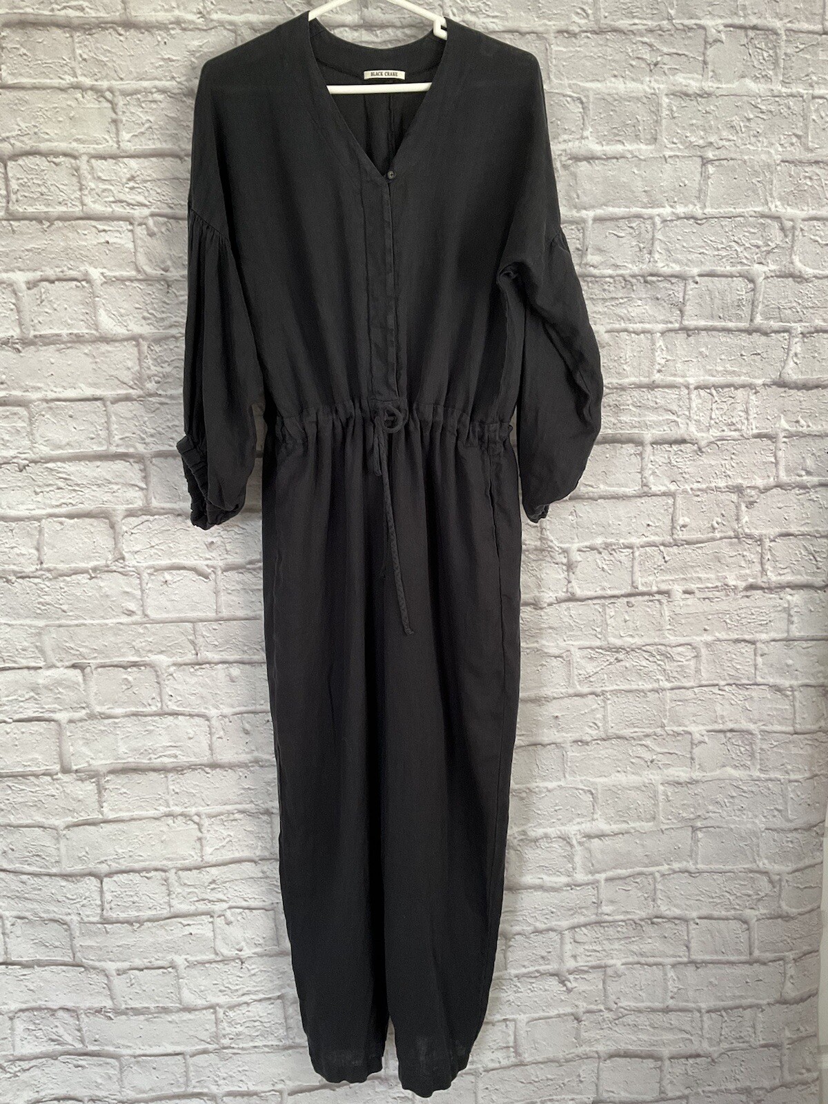 Black Crane S Black Jumpsuit 100% Linen Puffed Sleeves Relaxed Drawstring Waist