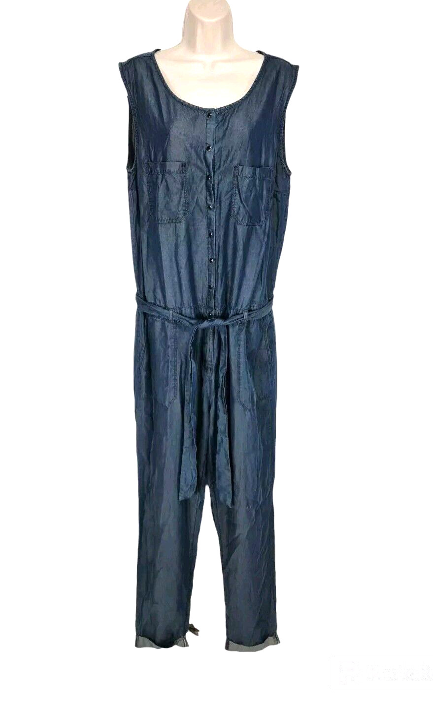 MORGAN CITY Womens Long Romper Jumpsuit Size L Blue Chambray 1/4 Button Up 168P