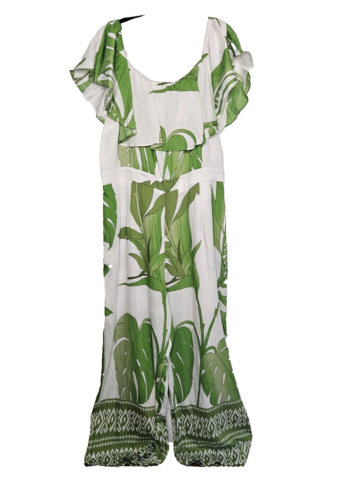 CITY CHIC Peta Border Jumpsuit M 18 One Piece Green Palm Leaves Ruffle Wide Leg