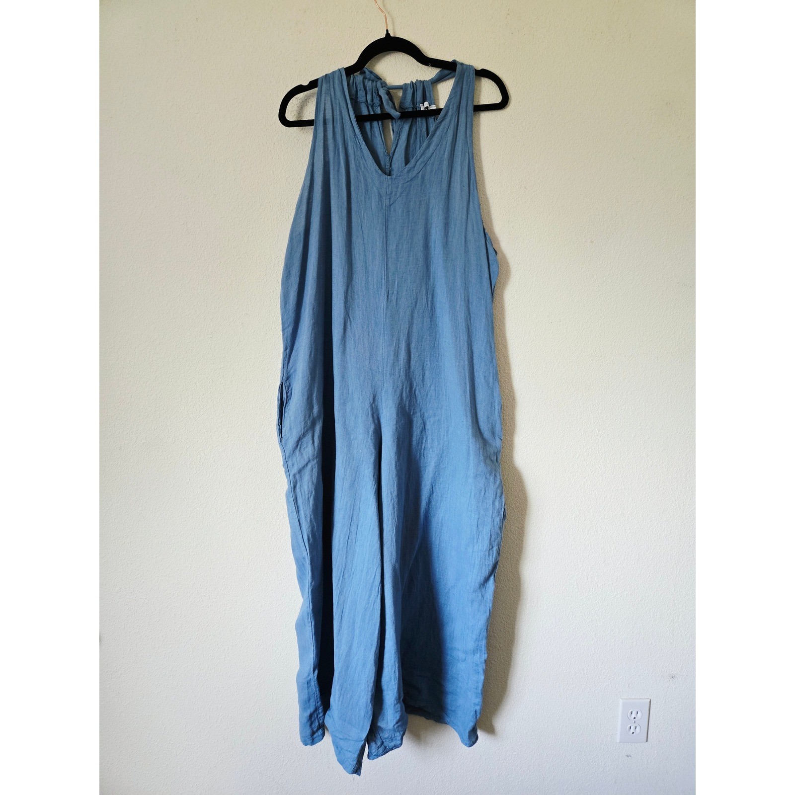Made in Italy Womens Blue 100% Linen Wide Leg Tie Back Loose Jumpsuit Overalls