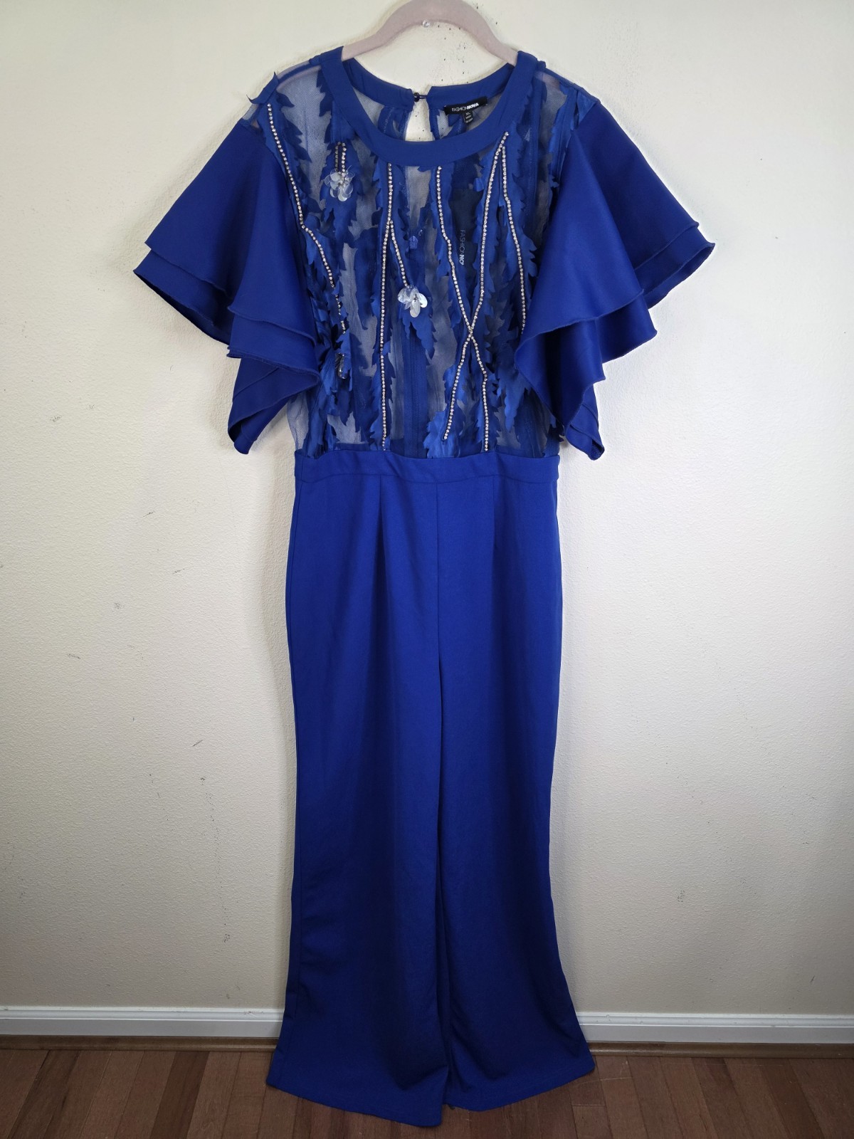 Fashion Nova See Through Me Jumpsuit Royal Blue Flutter Sleeve Beaded Size XL