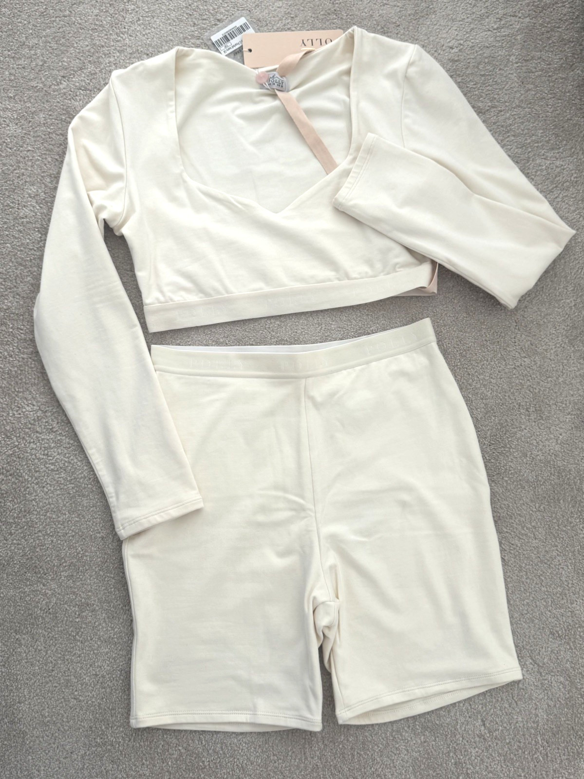 Oh Polly Women’s Long Sleeve Crop Top + Shorts Ivory Set – US SZ 14 – L/XL – NWT