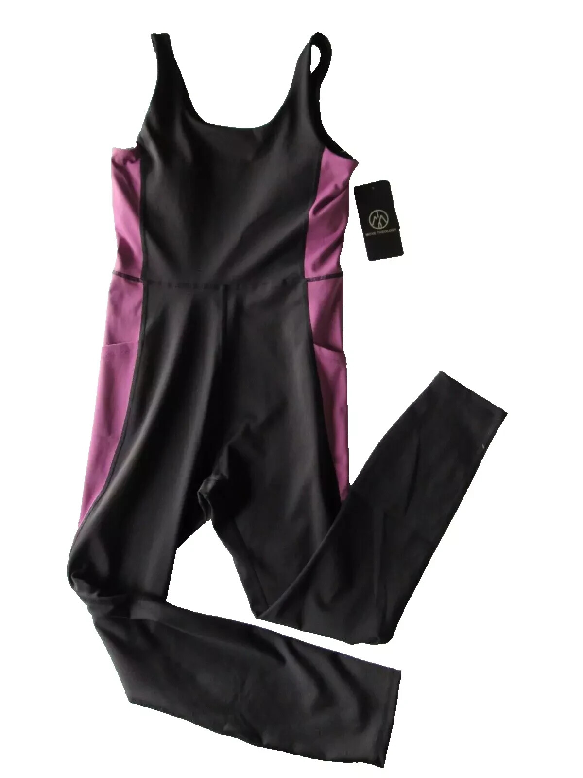 NWT Move Theology Womens Black/Purple Colorblock Bodysuit w/ Built In Bra MEDIUM