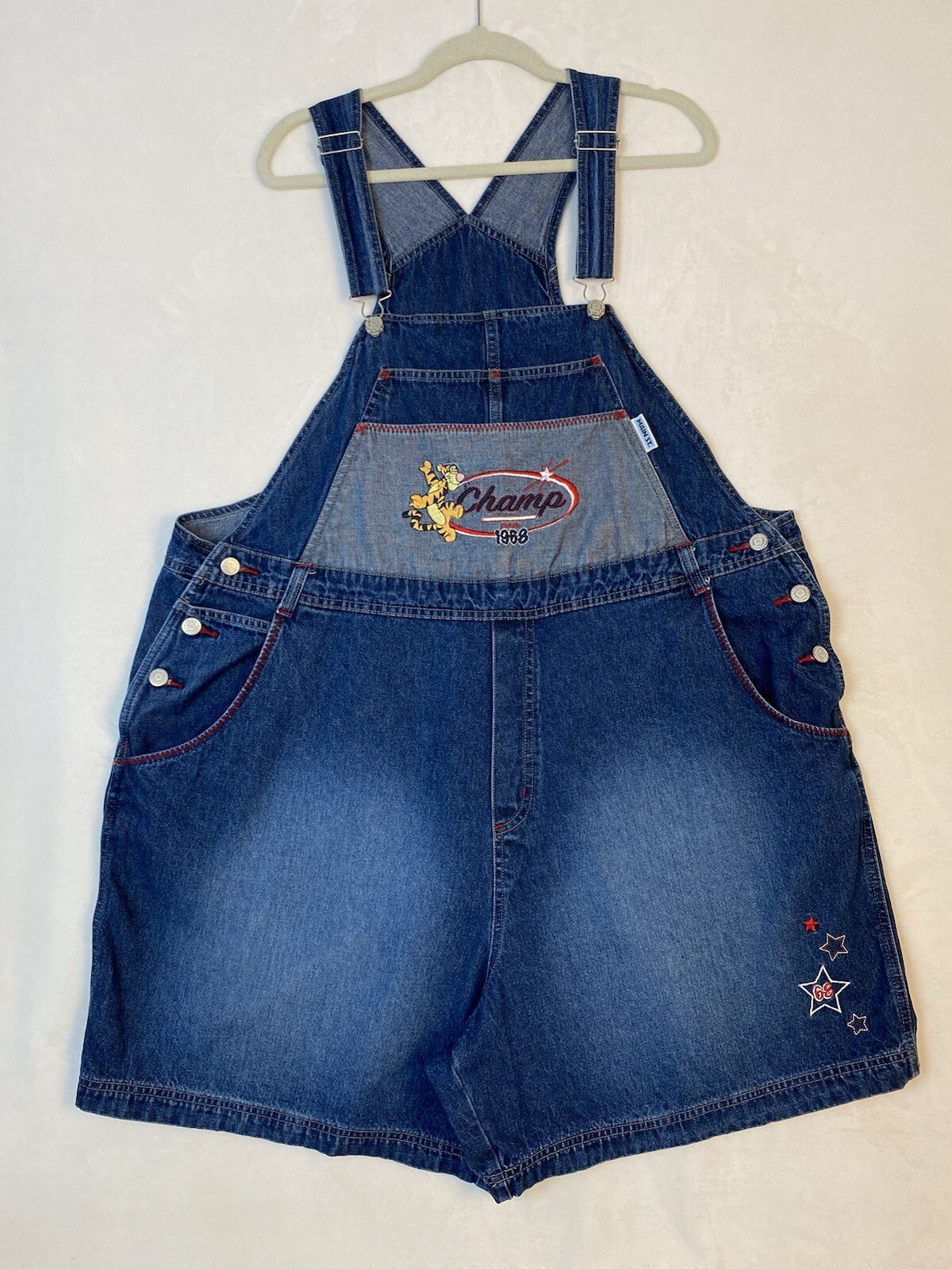 Vtg y2k Main Street Disney Champs 1968 22w/24w short overalls denim tigger pooh